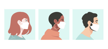 Covid 19 person in protective masks girl with earrings red hair coronavirus flat vector illustrationのイラスト素材