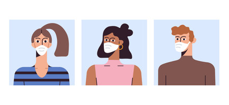 Covid 19 people wearing protective masks avatar man in brown clothes coronavirus flat vector illustrationのイラスト素材