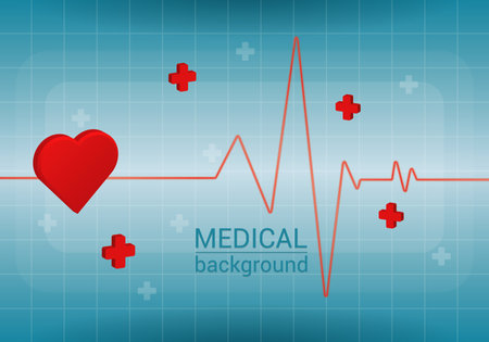 medical background with 3d element of heart, red cross and pulseのイラスト素材