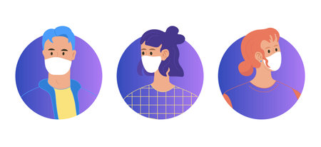 Covid 19 People wearing protective masks avatar gradient girl in a plaid t-shirt wearing a maskのイラスト素材