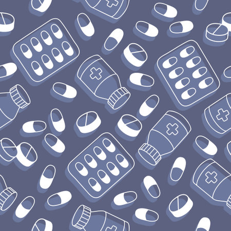 medicine seamless blue pattern with pills and capsulesのイラスト素材