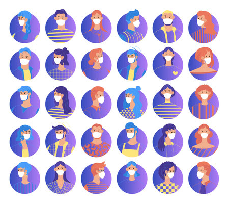 set of people wearing protective masks round avatar gradient covid 19のイラスト素材