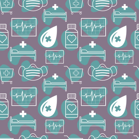 medical pattern with color elements of hospital bed, pulse monitor, bottle with pills, mask and cartのイラスト素材