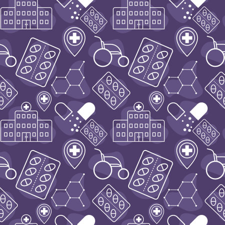 medical pattern with color elements of hospital building, pills, nanoset and wheelchairのイラスト素材