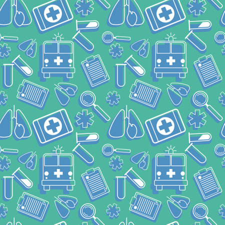 pattern with medical elements of healthkit, recipe, tubes, ambulance, magnifier and lungs with heartのイラスト素材