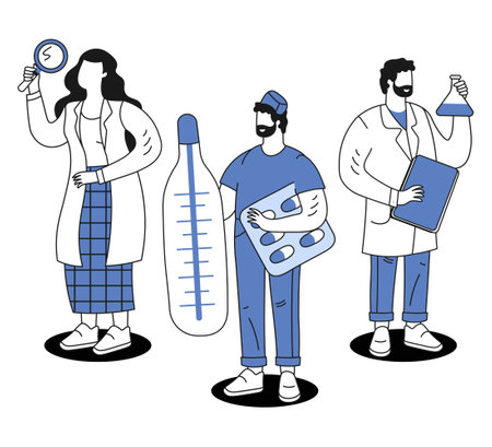 Team of healthcare professionals medical doctor with magnifying glass doctor assistant with thermometerのイラスト素材