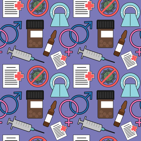 pattern with color medical elements of syringe, pills, recipe, mrt, stop virus, ampule and gender symbolsのイラスト素材