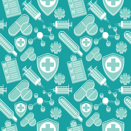medical pattern with flat white elements on green backgroundのイラスト素材