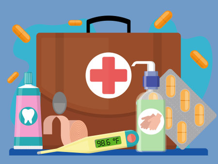 compositional image consists of pills, thermometer, patch, doctors bag, tooth paste and hand sanitizerのイラスト素材