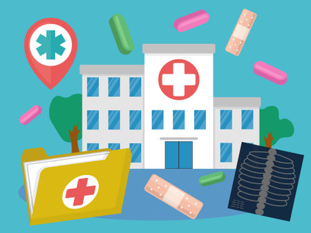 medical compositional image consists of pills, hospital building, patch, folder, x-ray and medical signのイラスト素材