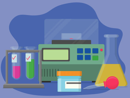 compositional image consists of labs test tubes, incubator, glass flask, pipette and bottle with capのイラスト素材