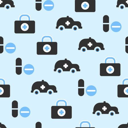 medicine pattern with dark icons ambulance first aid kitのイラスト素材