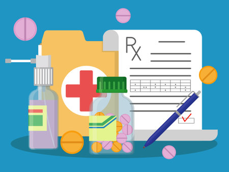 compositional image consists of medical spray, folder, recipe, pen, pills and pills bottleのイラスト素材