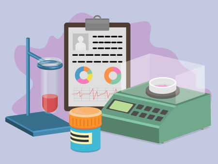 compositional image consists of clipboard with test result, test tube holder, laboratory incubator and pills bottleのイラスト素材