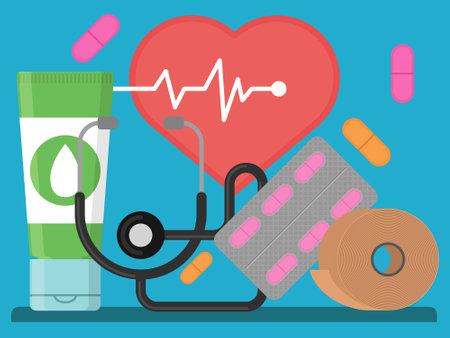 compositional image consists of creame, heartbeat, pills, blister, stethoscope, patches rollのイラスト素材