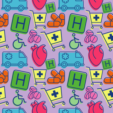 medical pattern with color elements of pills, heart, cart, ambulance, hospital sign and mark of disabled personのイラスト素材