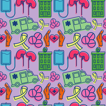 medical pattern with elements of pills, hospital building, ambulance, healthcare sign, dropper, aids sign and kidneysのイラスト素材