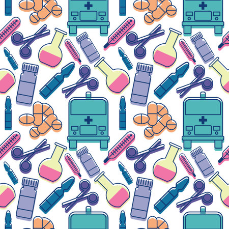 medical pattern with color elements of pills, scissors, lab flask, ampule, thermometer, ambulane and vialのイラスト素材