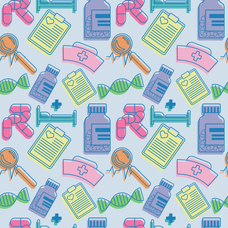 medical pattern with elements of pills, hospital sign, bottle with pills, dna, nurses hat, clipboard, magnifierのイラスト素材
