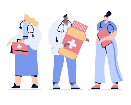 doctors people vector doctors and nurses doctor with medicine bottleのイラスト素材