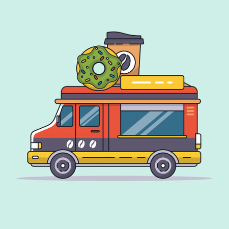 food truck red bus selling coffee and donuts by car vector illustrationのイラスト素材