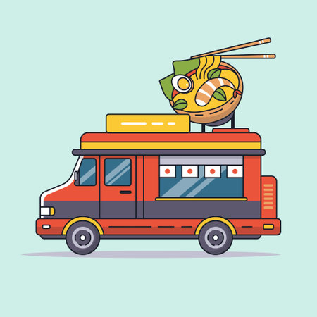 red food truck with food selling asian foodのイラスト素材
