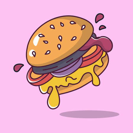 cheeseburger burger with dripping cheese cartoon style illustration vector illustrationのイラスト素材
