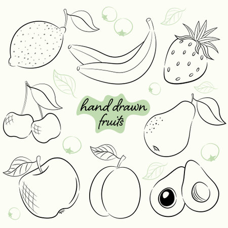 set of 8 sketching fruits in hand drawing styleのイラスト素材