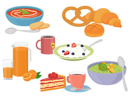 set of six color images of tomato soup, pot with orange juice, coffee and cake, pesto soup, porridge with teaのイラスト素材