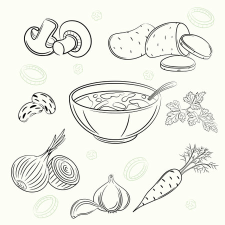 set with sketching images of the ingredients for soupのイラスト素材