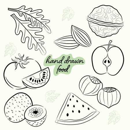 set with sketching images of nuts, vegetables and fruitsのイラスト素材