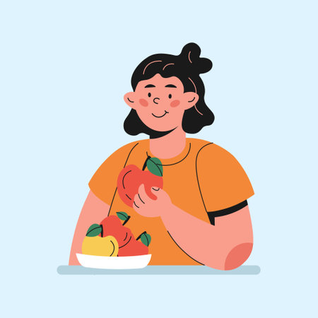 girl eating apple character in cartoon styleのイラスト素材