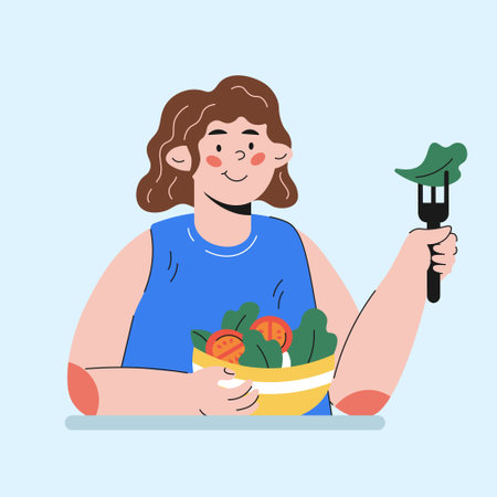 girl eating salad character in cartoon styleのイラスト素材
