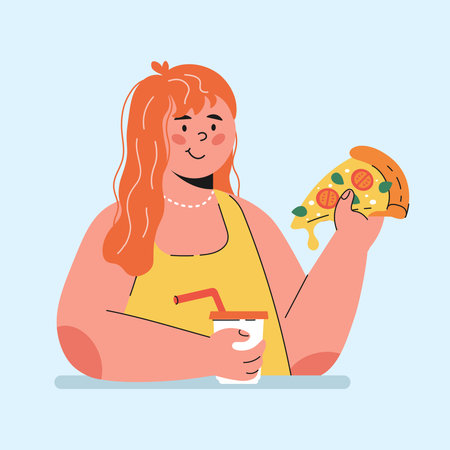 girl eating pizza girl holding a slice of pizza character in cartoon styleのイラスト素材