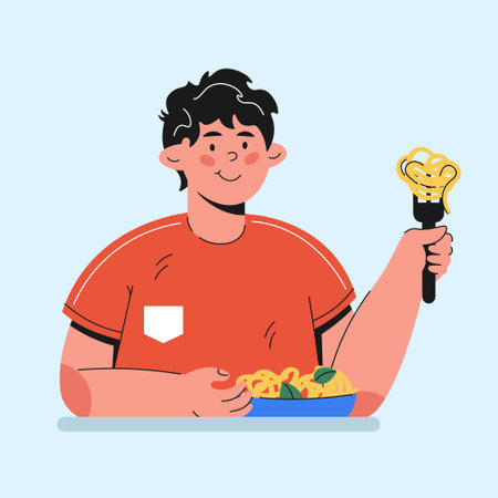 guy eating pasta character in cartoon styleのイラスト素材