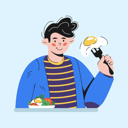 guy eating fried eggs breakfast character cartoon styleのイラスト素材