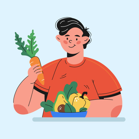 guy eating vegetables character in cartoon styleのイラスト素材