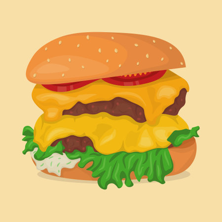 image of double cheeseburger with tomatoes, salad leaves and garlic sauceのイラスト素材