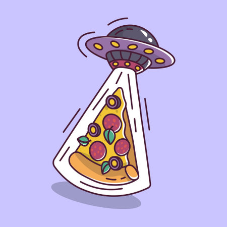 pizza flying saucer ufo cartoon styleのイラスト素材