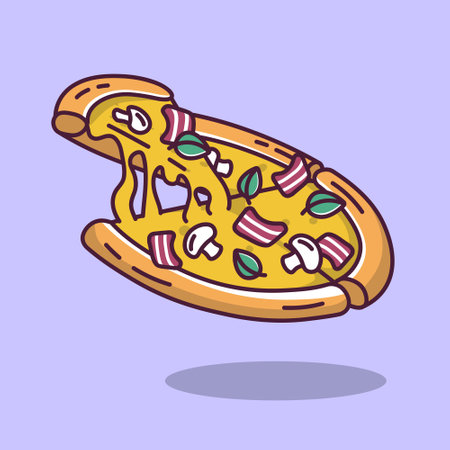 pizza with bacon and gooey cheese vector illustration in cartoon styleのイラスト素材