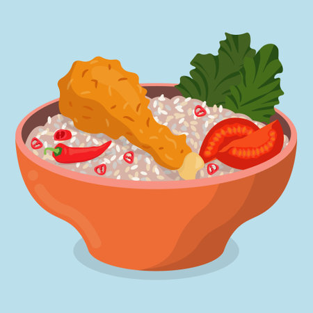bowl with fried rice, chicken. pepper, salad leaves and fresh tomatoesのイラスト素材