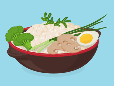 bowl of rice with broccoli, rucola, mushrooms, boiled egg and green onionのイラスト素材