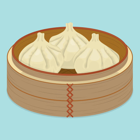 three steamed baozi in wood bowlのイラスト素材