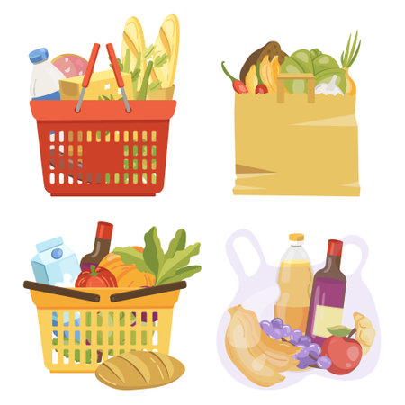 vector illustration different grocery baskets with groceriesのイラスト素材