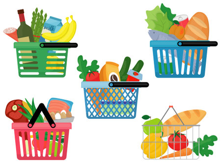 set of five color images with customer baskets full of goods and foodのイラスト素材