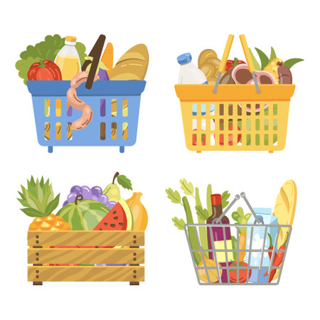 vector illustration of a grocery basket and food boxes basket of sausagesのイラスト素材