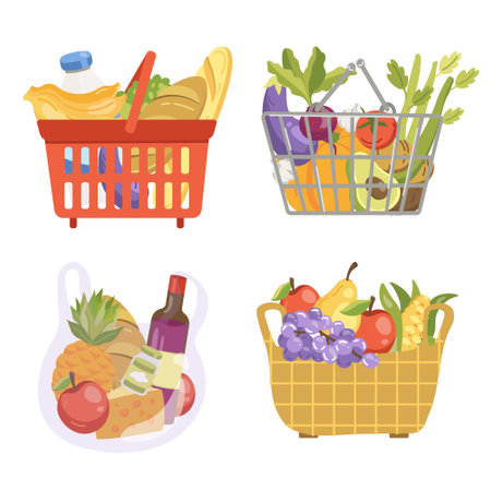 vector illustration of a grocery basket with vegetables and fruitsのイラスト素材