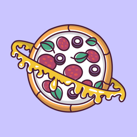 pizza planet with cheese and sausage cartoon styleのイラスト素材