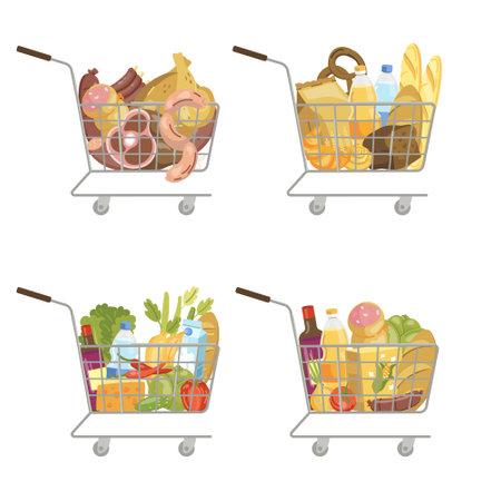 vector illustration of various grocery sets carts in the supermarket productsのイラスト素材