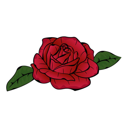 image of red rose flower with two leavesのイラスト素材
